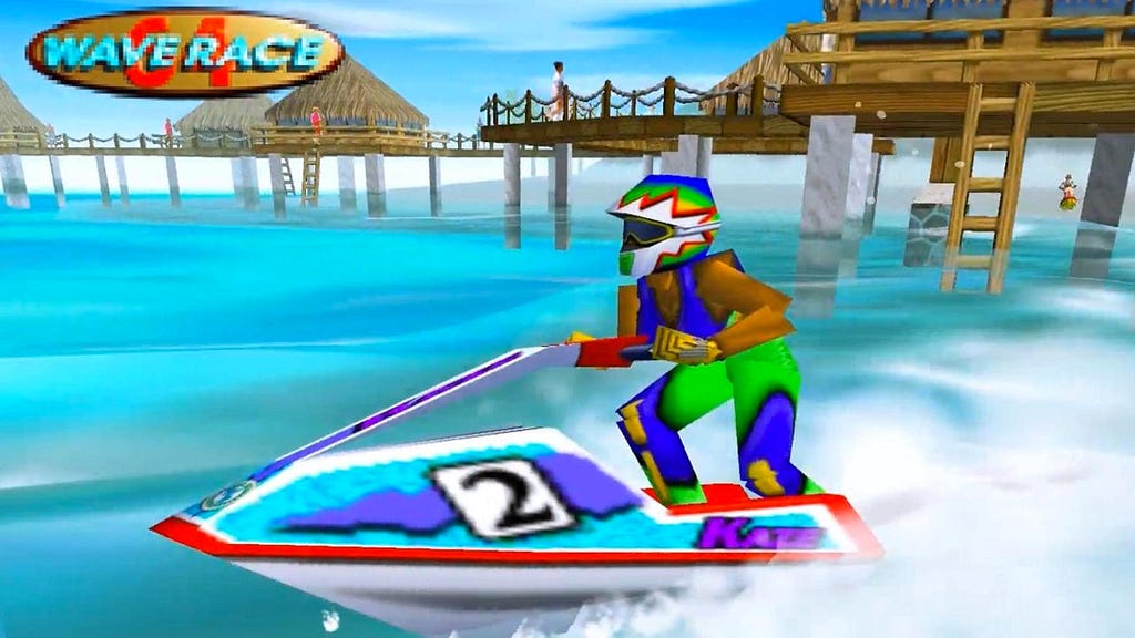 A screenshot from the Wave Race 64 title sequence with a character riding across the water.