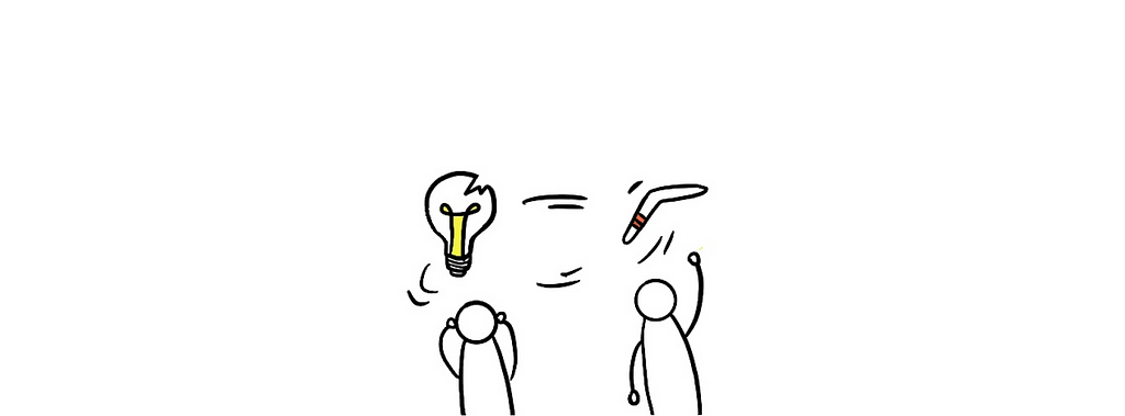 Hand drawing of a designer having an idea bulb above the head and another person throwing a boomerang at it