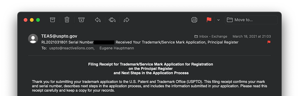 Trademark Application Confirmation from USPTO