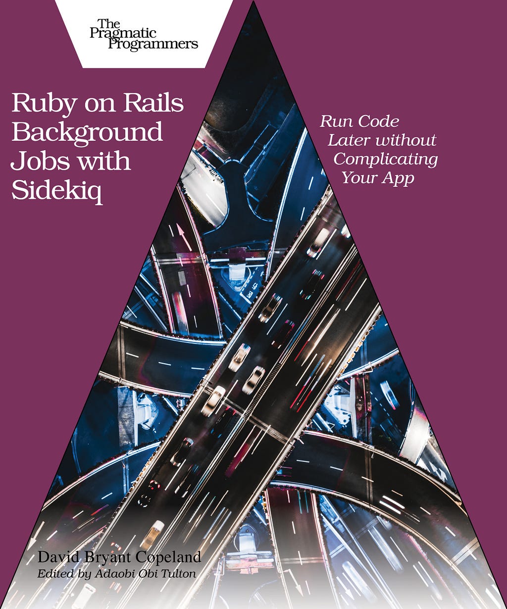Book cover with magenta background. Triangle cutout in the middle shows a busy criss-crossing interchange of many levels with cards whizzing by.