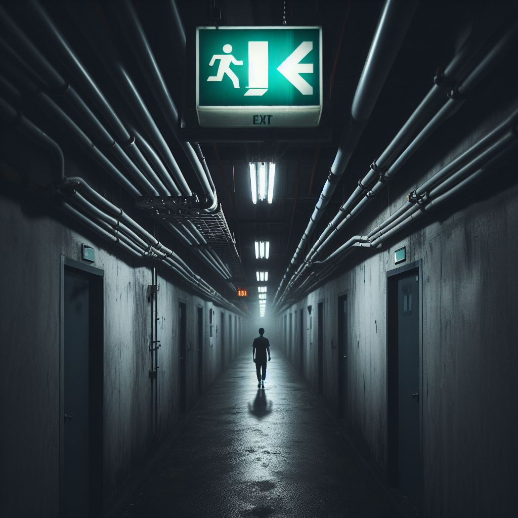 The silhouette of a  person can be seen at the end of a dark and gloomy corridor. At the end of the corridor is a green and white emergency exit light with an arrow pointing towards the exit.