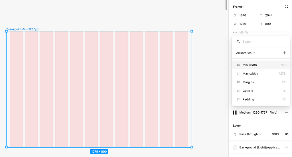 Image from Figma showing how to apply a variable to a min and max constraint to a frame by selecting from the apply variable dropdown.