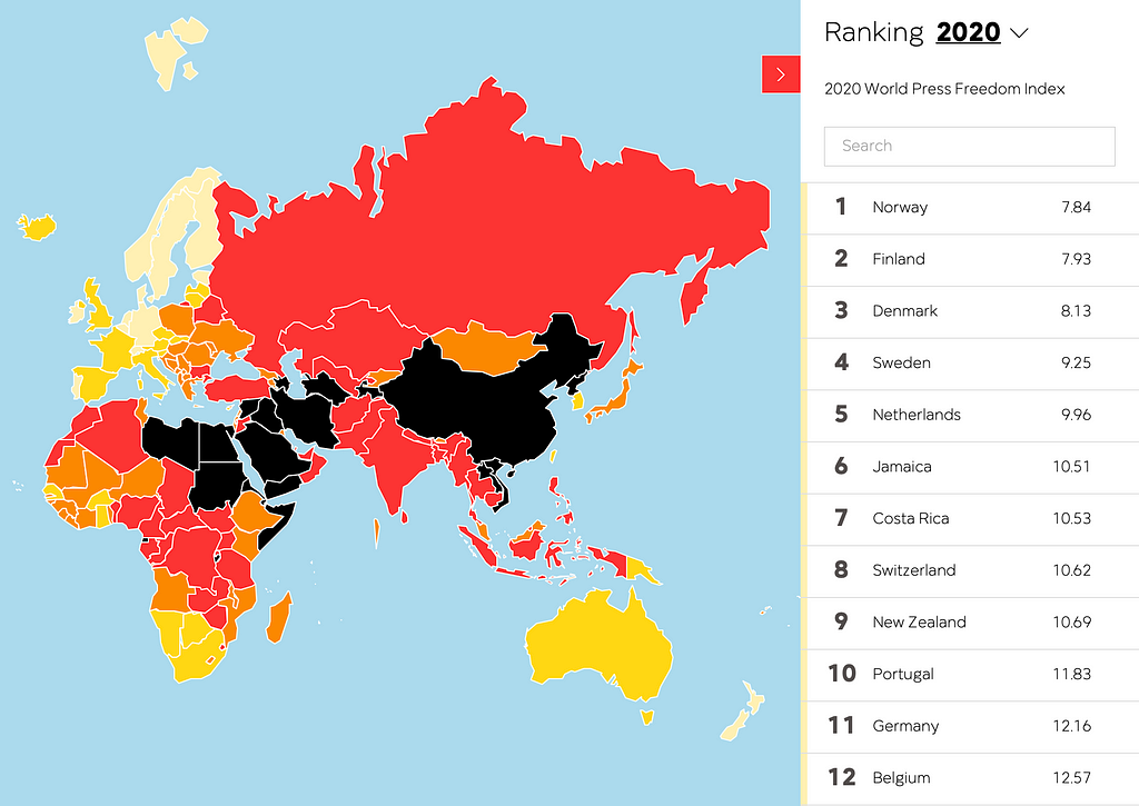 Mapa i ranking ze strony Reporterzy bez Granic