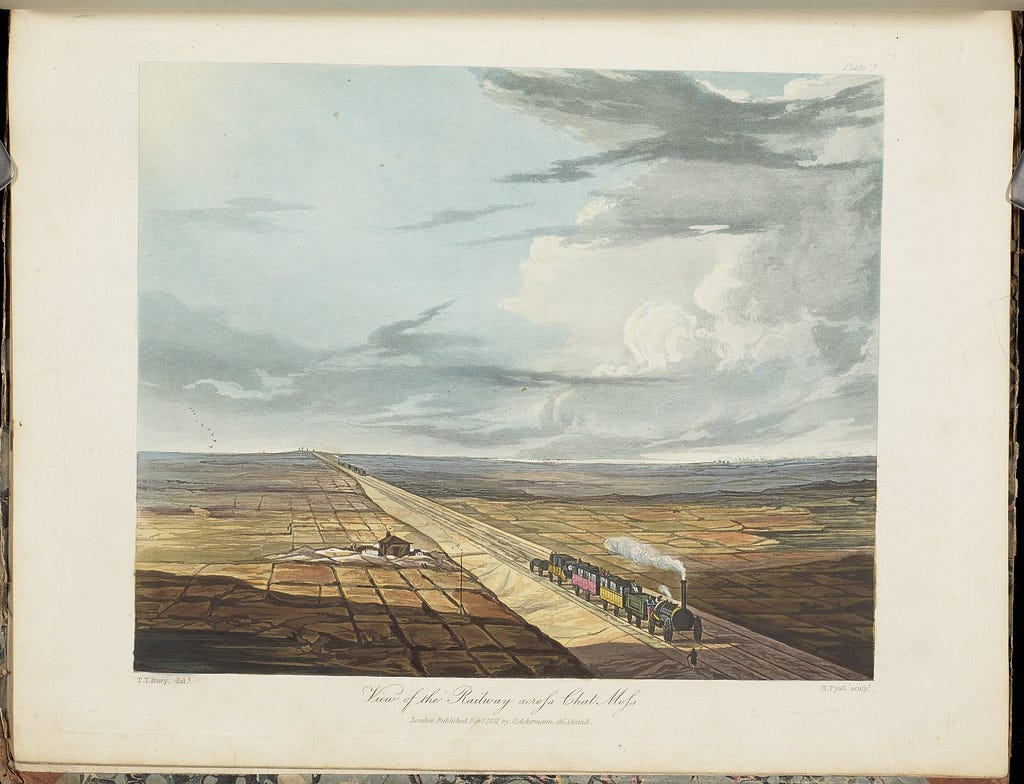 An illustration of a train passing through a flat landscape