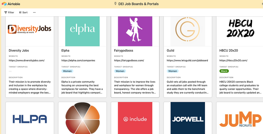 A screenshot of Aleria’s resource on DEI Job Boards and Portals shows some of the organizations featured including Elpha, Fairgodboss, Guild, IM Diversity, include, and Jopwell.