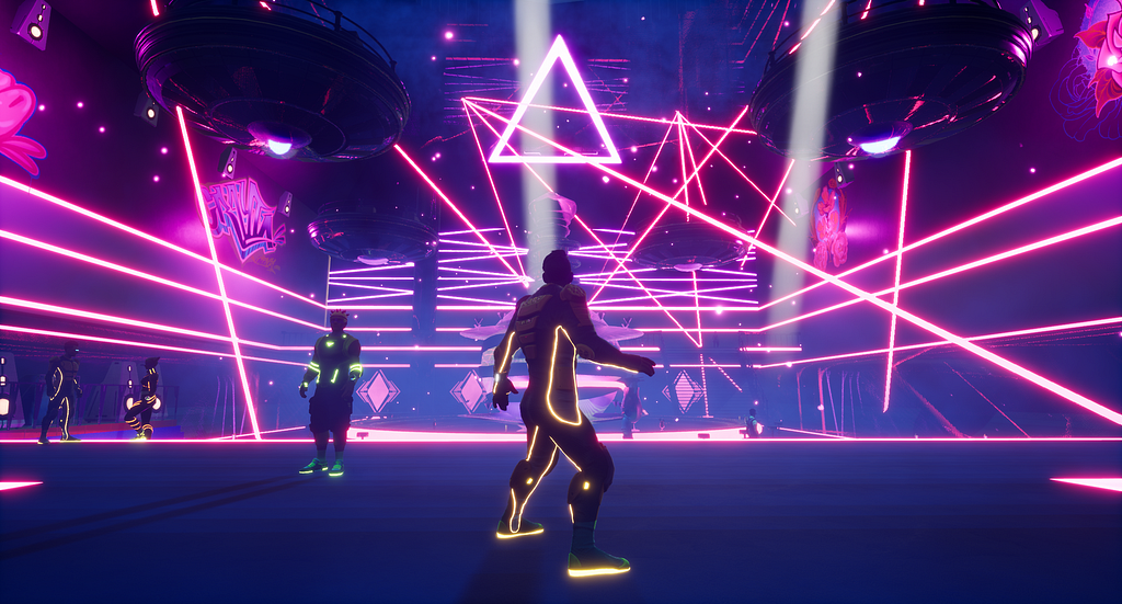A character in neon-lined clothing poses in a dazzling nightclub, criss-crossed with bright laser beams.