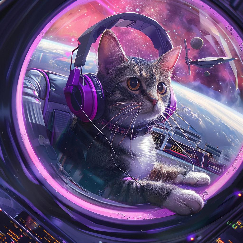 A cat with purple headphones inside a spaceship.