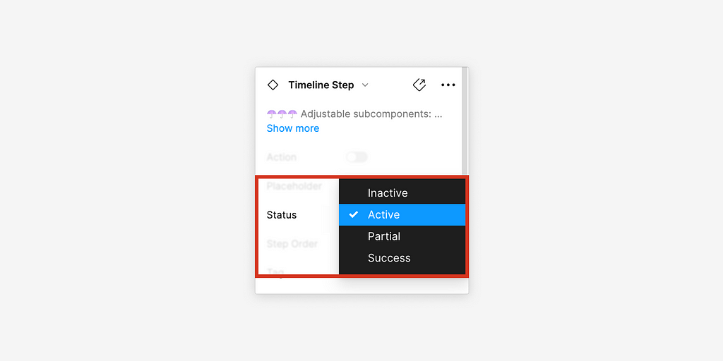 The API for Timeline Step inside of Figma. The Status prop is highlighted.