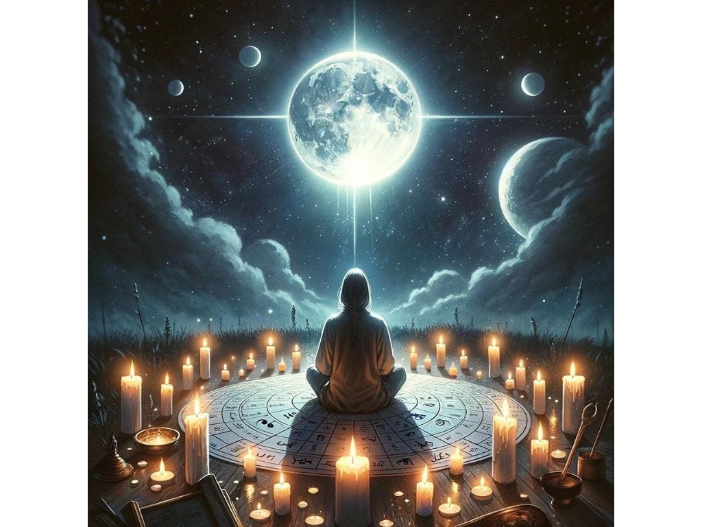 An individual manifesting a moon phase soulmate, surrounded by candles, focusing on a lunar chart under the moon’s glow