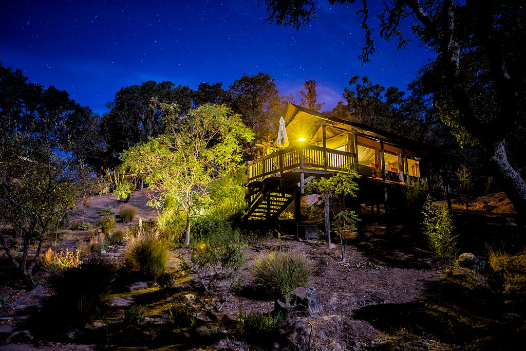 Guests listen to nightime African animal calls from their safari tents at Safari West near Santa Rosa. (photo courtesy of Safari West)