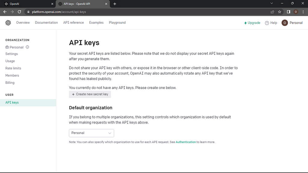 Create API key page
