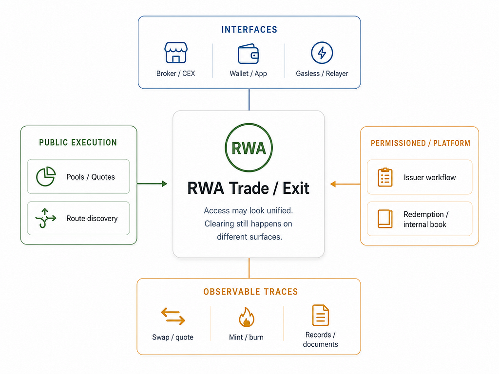  unified interfaces (broker, wallet, gasless relayer) above fragmented clearing surfaces (public pools and routes vs. permissioned issuer and platform workflows), with swap, mint-burn, and record traces below.