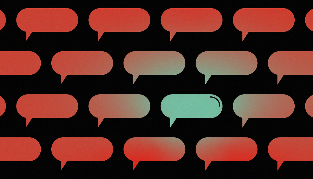 Multple red speech bubbles on black background with one green speech bubble standing out in the center