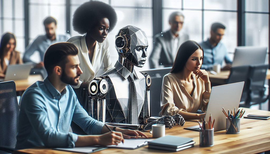 humans and a robot working in collaborating in front of a laptop. background is a conference room with other humans working at their desks.