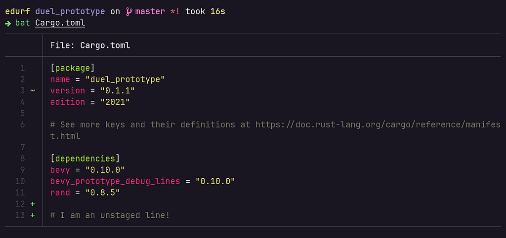 Output for bat Cargo.toml, which has Git integrations showing