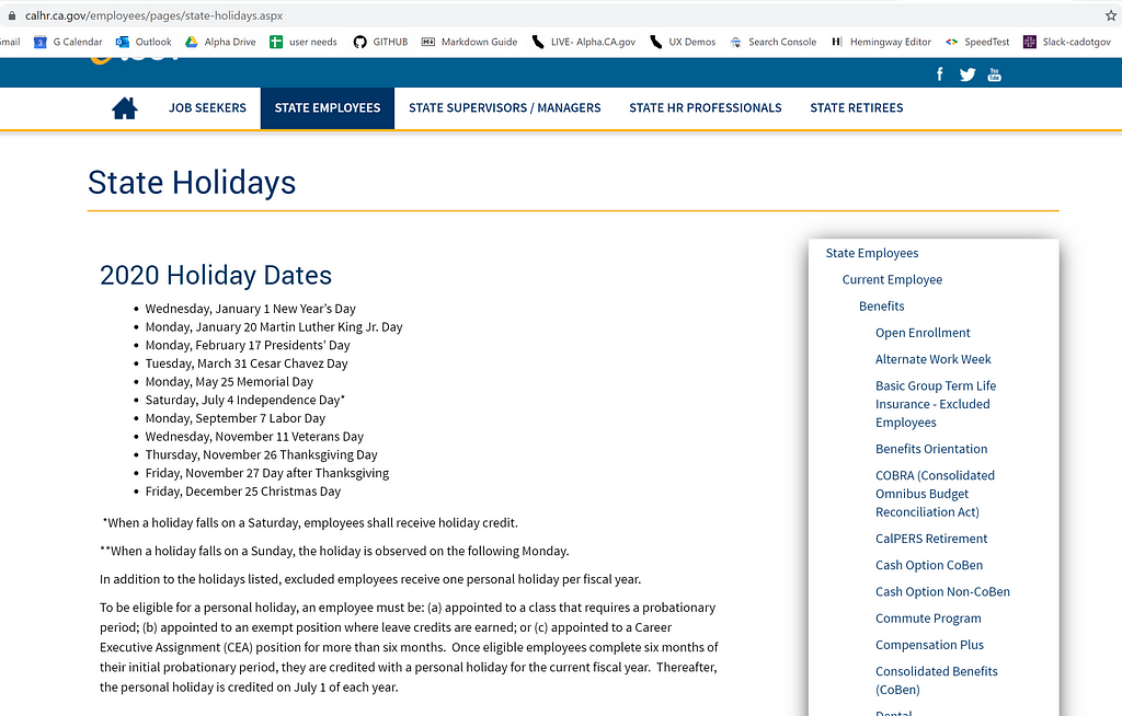 Screenshot of the current CA.gov “Find official California state holidays” page.