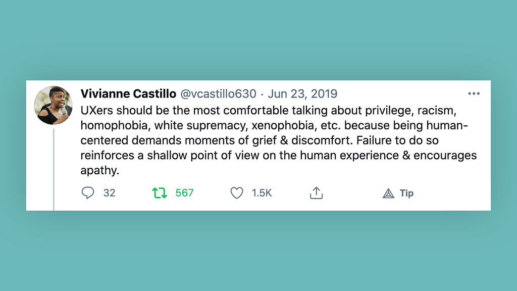 Screenshot of a tweet by Vivianne Castillo about UX & human-centered design. Link to original tweet in the image description.