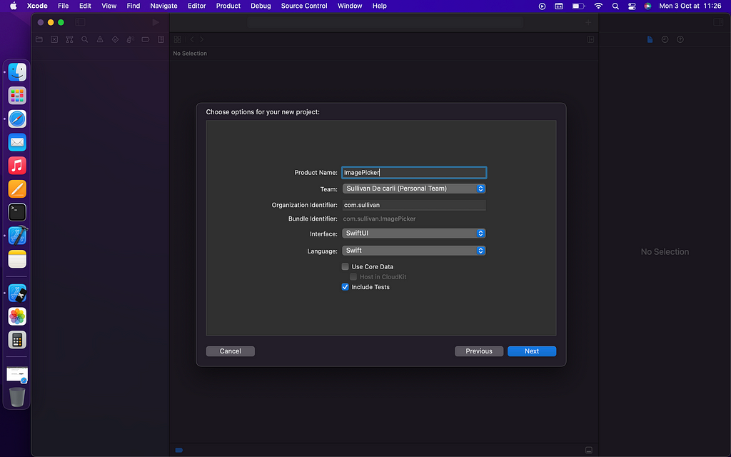 Screenshot of Xcode, creating a new project
