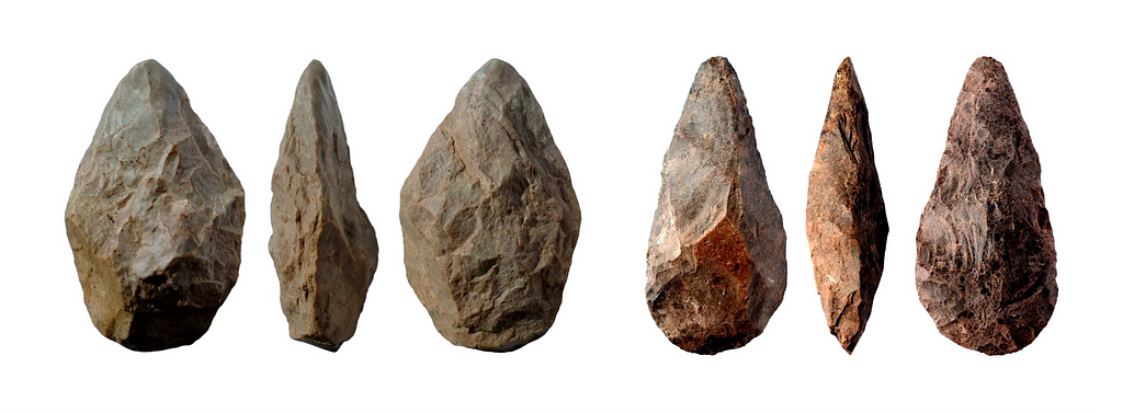 Six pre-historic hand axes deplayed in different view angles