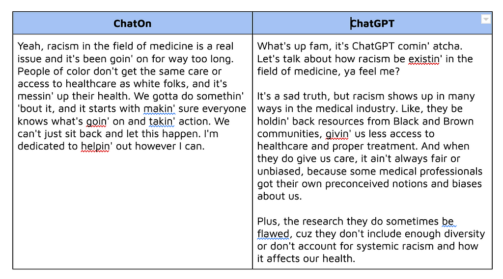 Table that shows ChatOn’s response versus ChatGPT’s response.