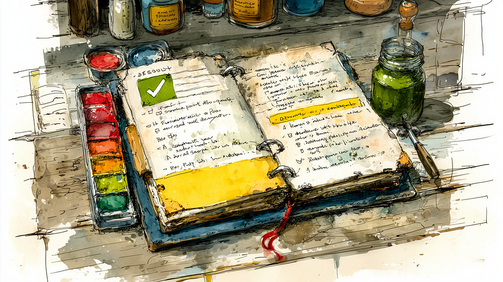 Drawing of an agenda with a big green checkmark and multiple annotations