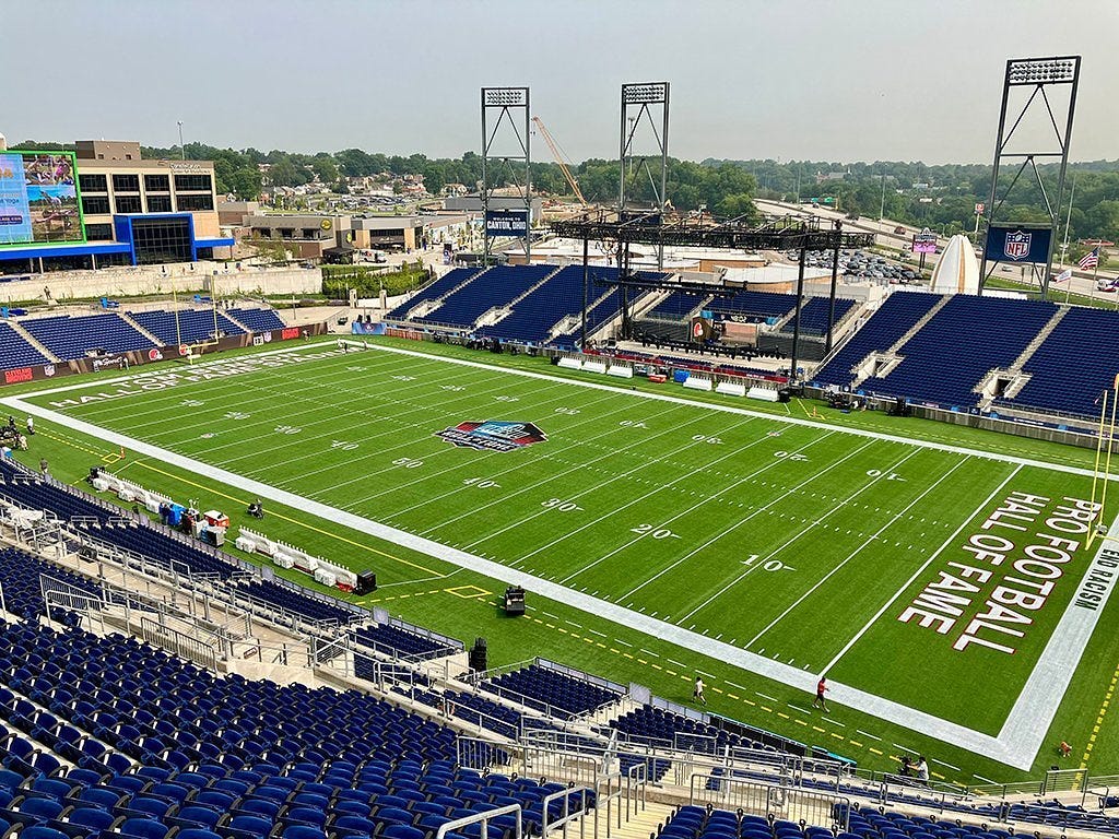 A birds-eye view of the Tom Benson Hall of Fame Stadium in Canton, Ohio.