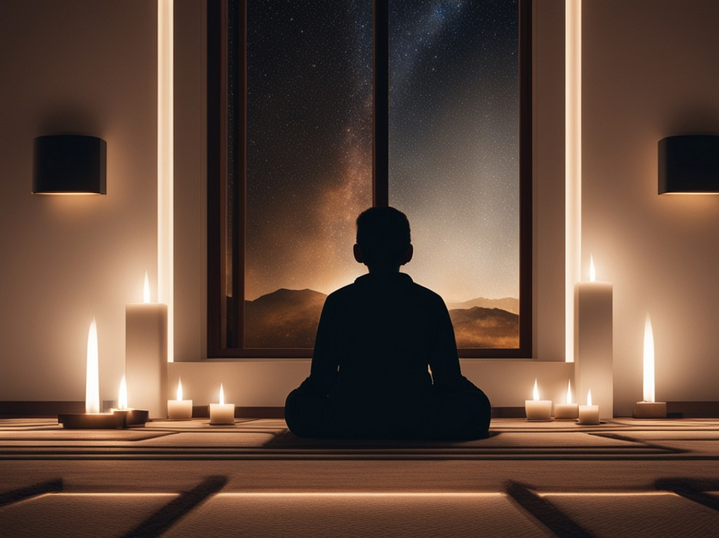 silhouette of a figure in the background, sitting cross-legged in meditation pose with their hands resting on their knees. The figure’s face is relaxed and calm, and the energy emanating from them is serene and tranquil. The atmosphere is reminiscent of a dimly lit room with candles flickering softly in the background.