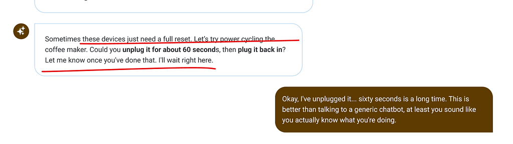 A snippet of a mock conversation making use of the Clarity skillsets and techniques — offering simple, digestible instructions.