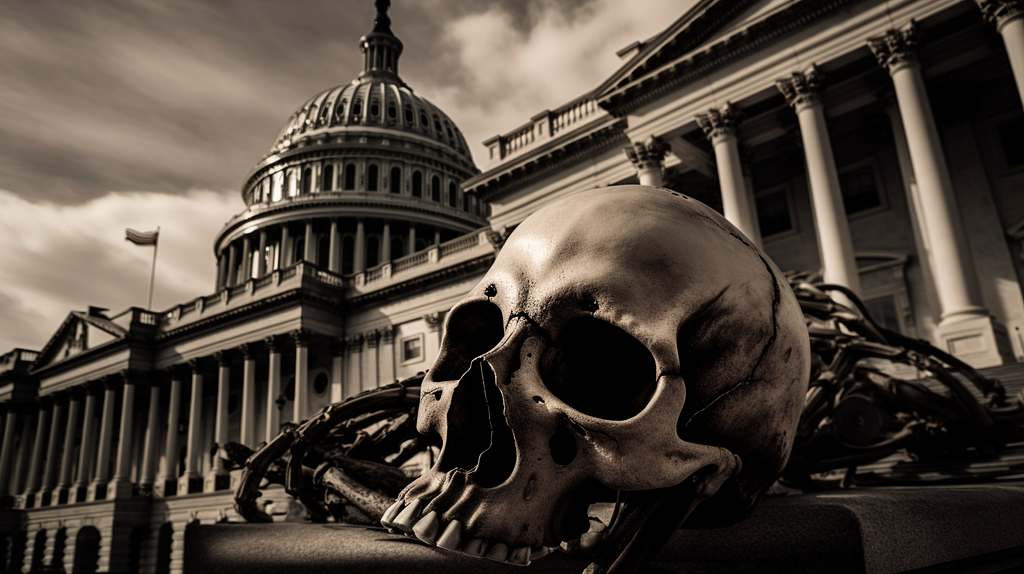 A skull lies in the foreground, with a government building in the background. AI image generated on Midjourney.
