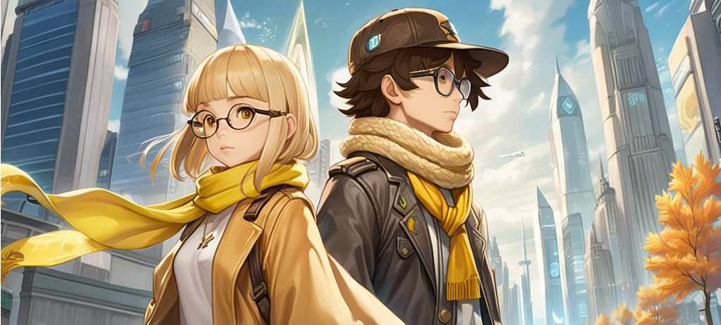 two characters looking for the road ahead with the backdrop of a futuristic city.