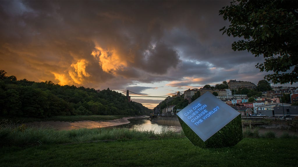Image: Curious Cube — gathering questions around Bristol, Clifton Suspension Bridge in the background