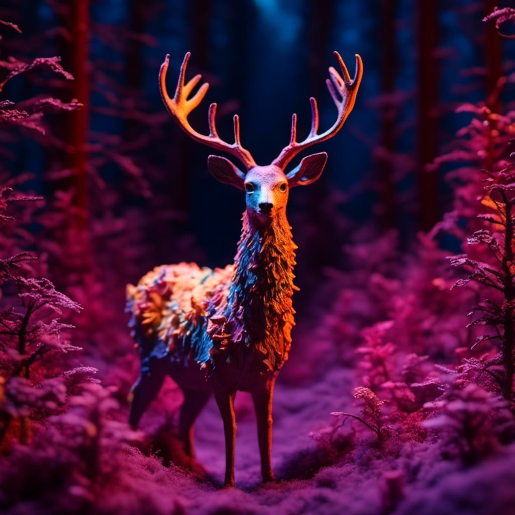 A deer with antlers in a magenta-hued forest, its fur clumped and peeling, its eyes dark holes