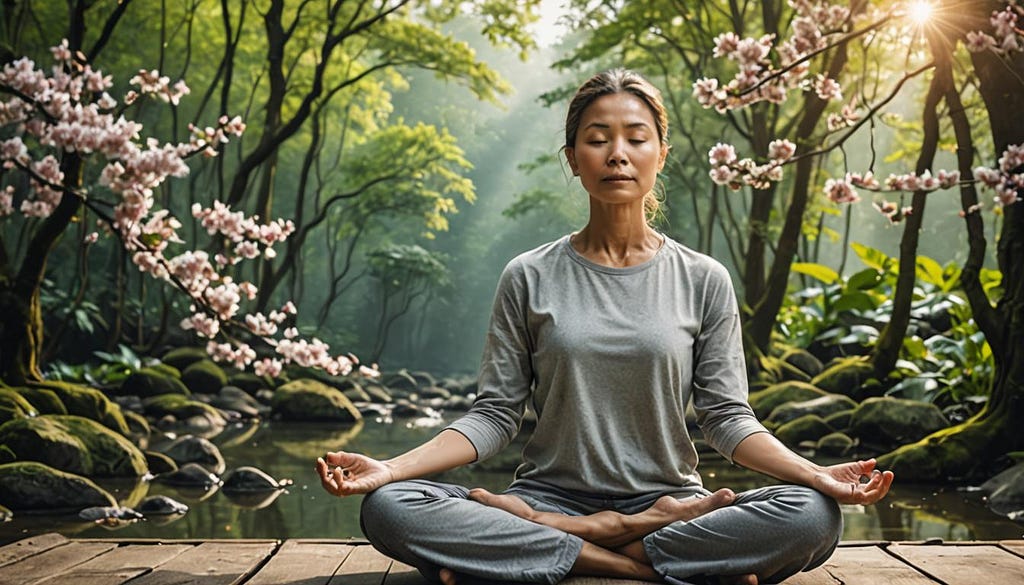 Oriental woman meditating in woodland