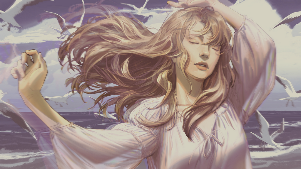 Taylor Swift 1989 music album fan art digital illustration sea landscape birds blonde girl in white dress portrait