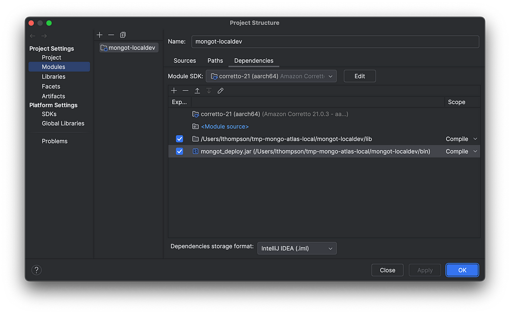 Project configuration in IntelliJ, adding the lib directory and MongoT jar to the module.