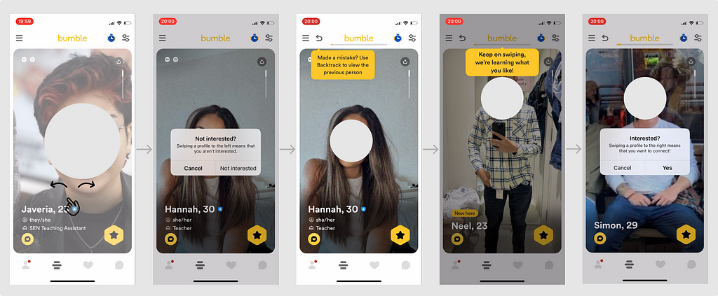 Flow of screenshots showing the first experience of swiping on Bumble