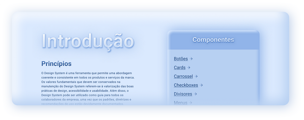 Screenshot of the application’s Design System splash screen, whose title “Introduction” is followed by the first topic “Principles” and below a paragraph in Lorem Ipsum for privacy reasons. Next to it, there is a window entitled “Components” with a shortcut to the Design System sections, such as buttons, cards, carousels, checkboxes, and dividers.