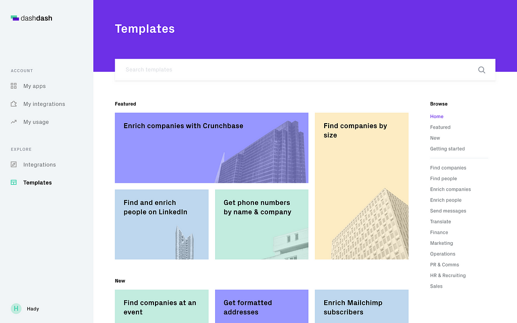 The dashdash Templates page