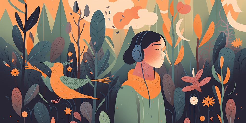 illustration of a teenaged girl surrounded in nature listening to headphones