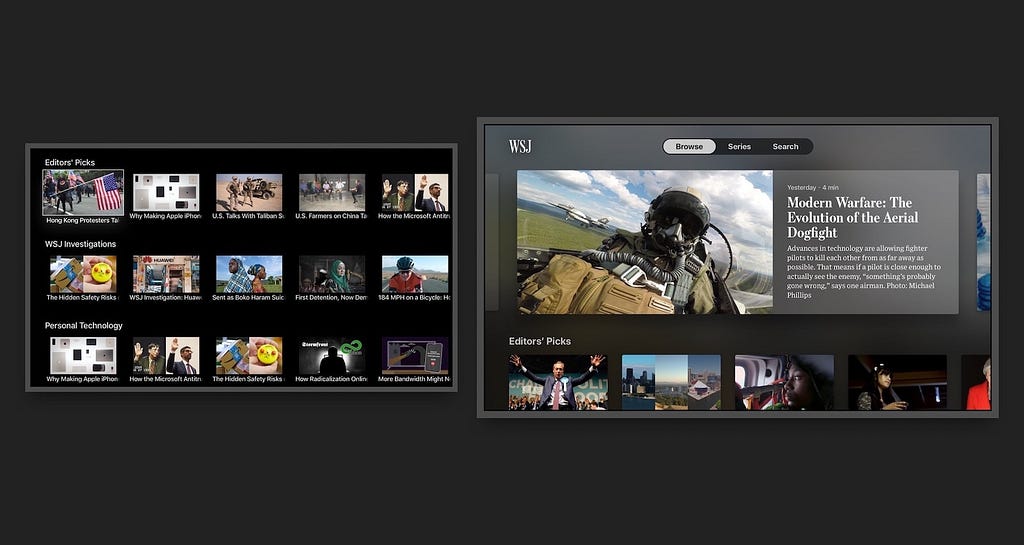 WSJ Apple TV App before & after comparison