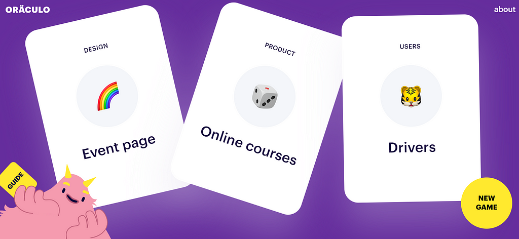 There are 3 cards. One reads: Design — Event page. Second: Product — Online courses. Third: Users — Drivers