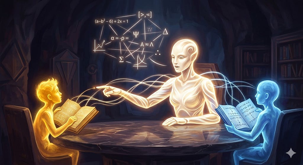 A modern Socratic symposium: the orchestrator doesn’t solve problems — it asks the right questions to the right specialists. Image generated with AI.
