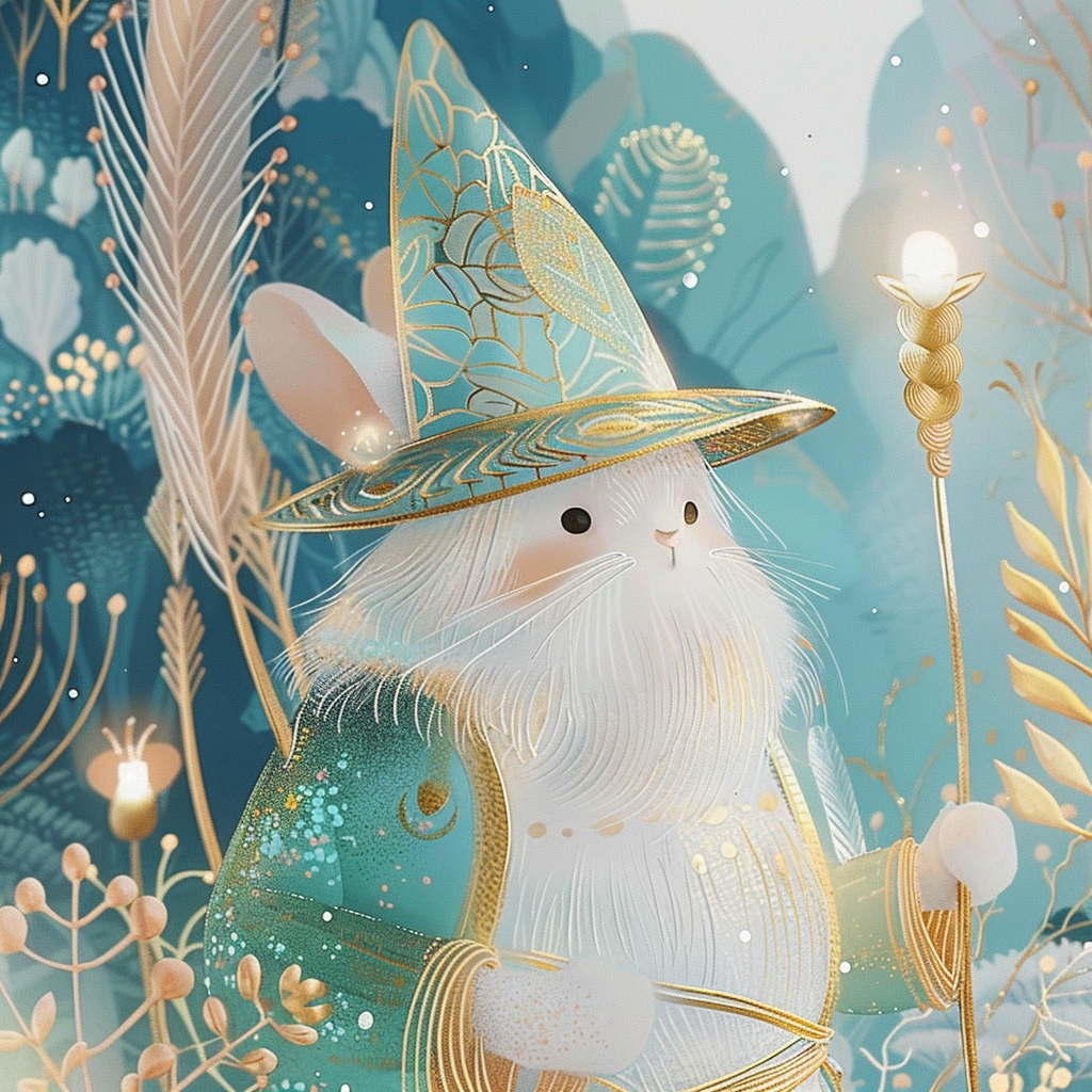 Little cute bunny anthropomorphism, wizard, chinese ink style, amazing epic ancient theme, cinematic, stunning, realising lighting and shading, vivid, vibrant, unreal engine, concept art