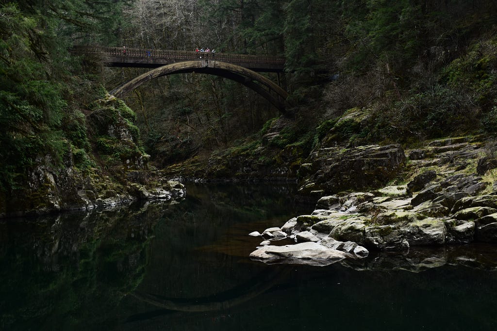 An arching wooden bridge is connecting to paths in a distance high over a wide river below. There are five people in the middle of the bridge, but the distance from the camera is so far you can’t make out how they look or what they are wearing.