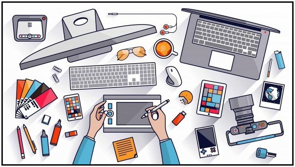 Digital graphic of laptops, tablets, keyboards, and other devices being used by a student.