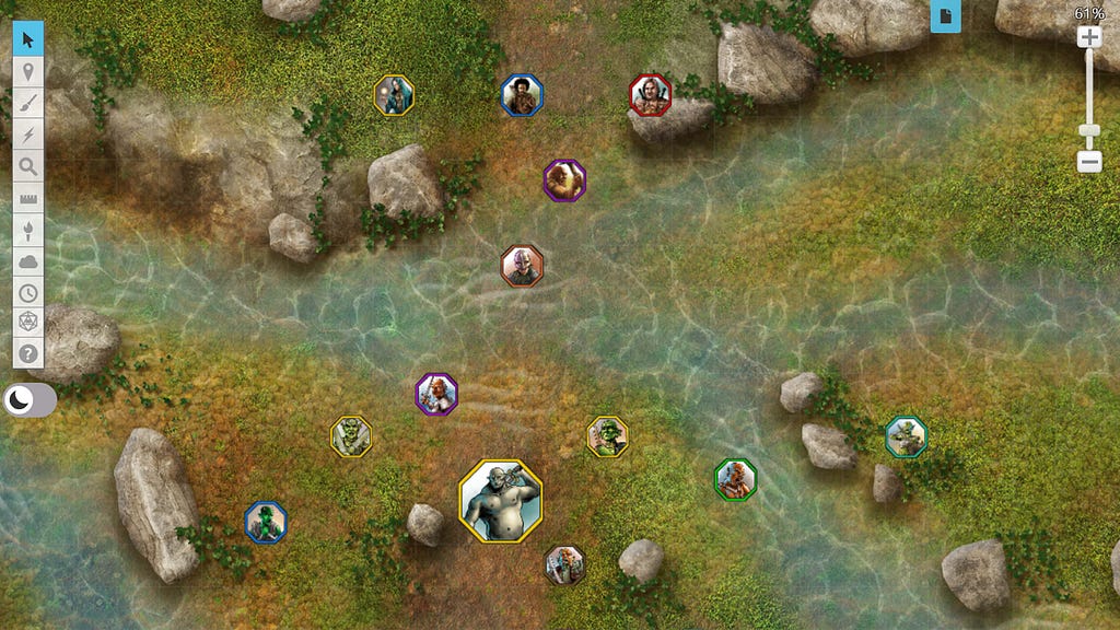 An aerial shot of a valley and a river with various tokens scattered across on Roll20.