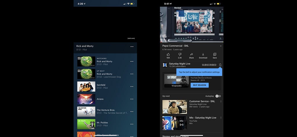 Screenshot of Hulu and YouTube’s interface when the phone is rotated vertically
