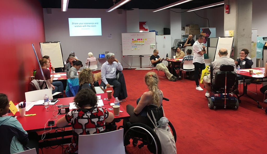 Groups of co-design session participants sitting at tables