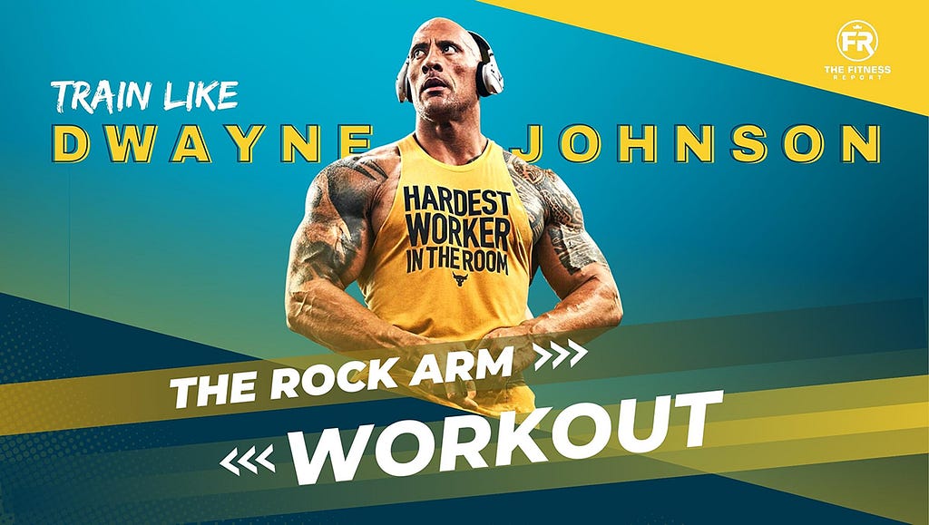 Dwayne Johnson in a yellow tank top and wearing headphones