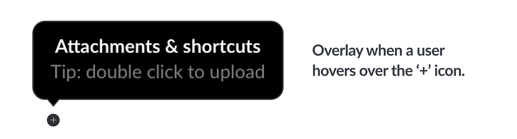 Screenshot of a tool-tip by slack with the title: ‘Overlay when a user hovers over the ‘+’ icon’